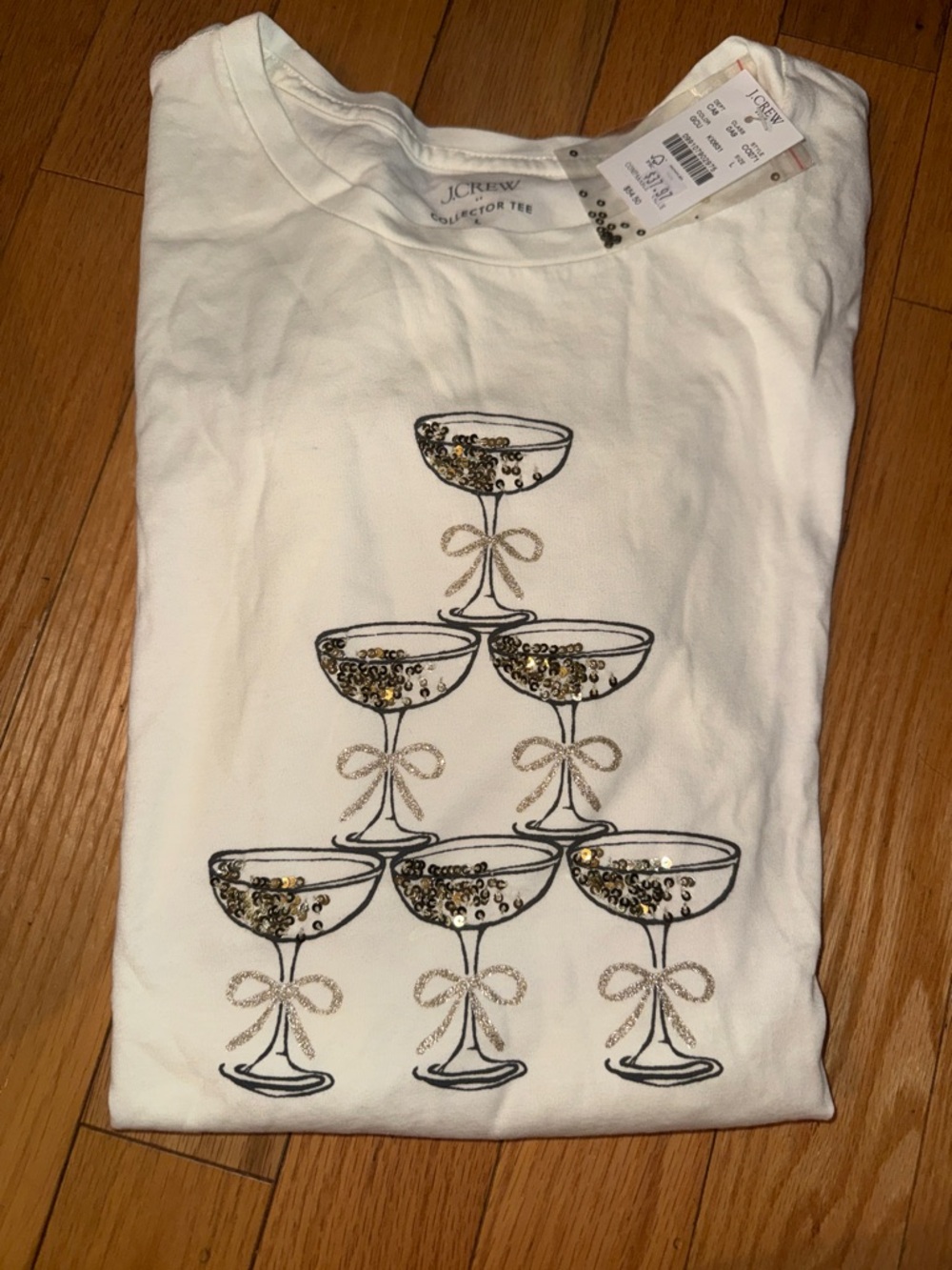 J. Crew White Tee with Sequin Champagne Glass Tower